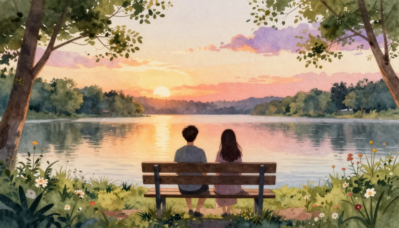 A beautiful watercolor painting depicting two silhouettes of...