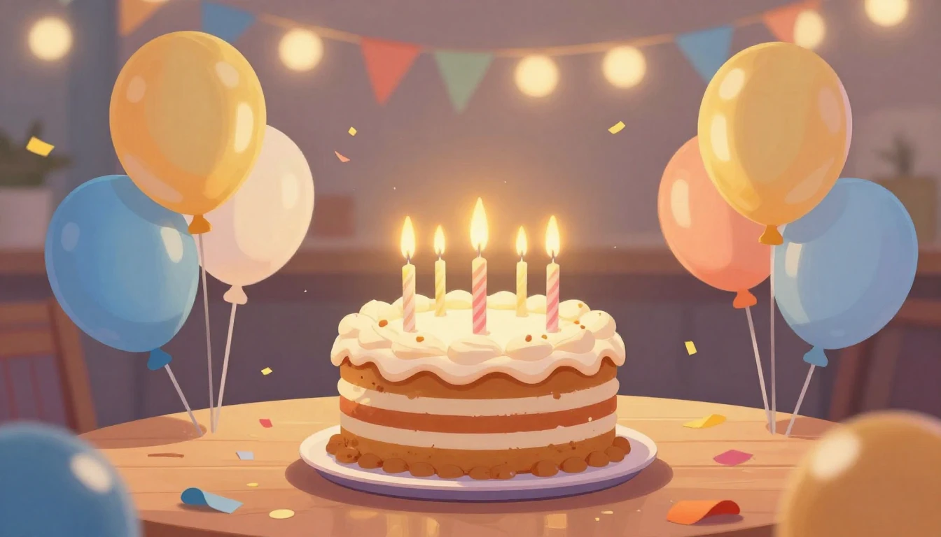 A warm and festive illustration celebrating a birthday. In t...