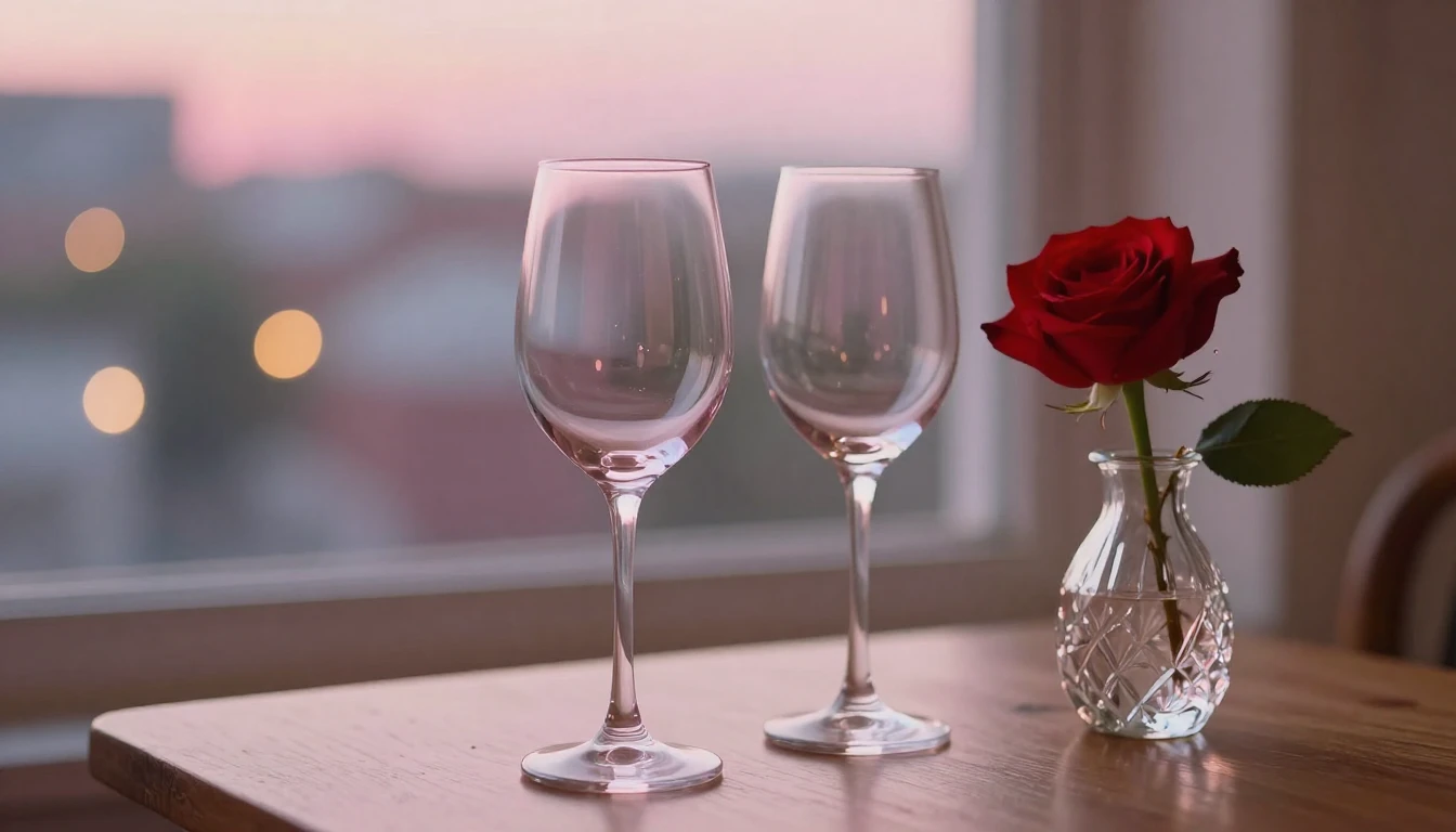 A delicate scene featuring two elegant wine glasses sitting ...