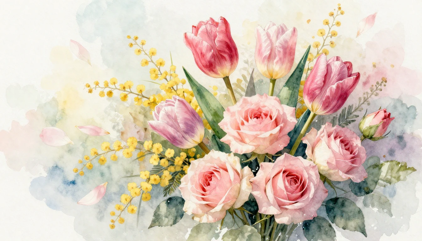 A delicate and vibrant watercolor painting of a lush bouquet...