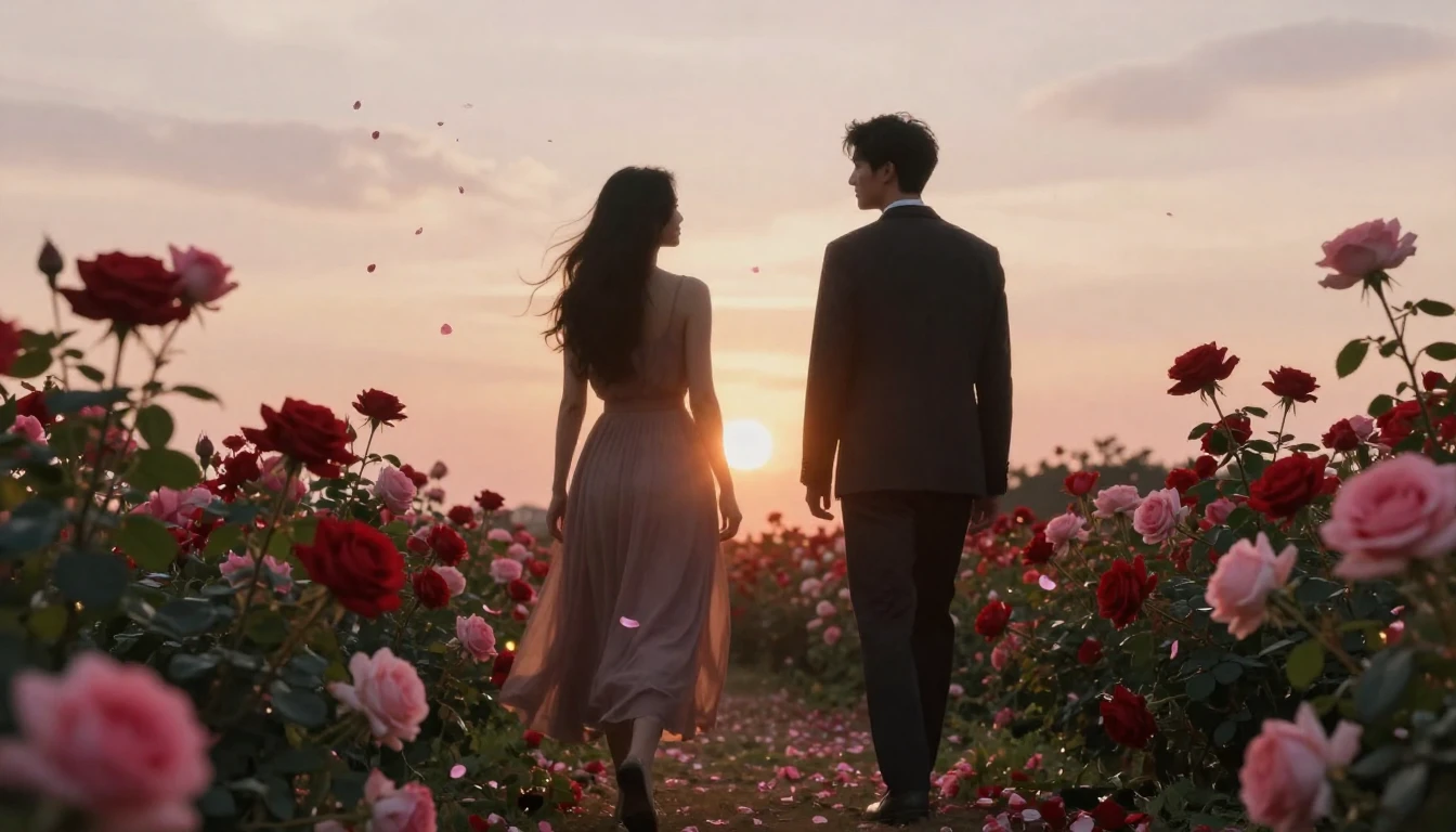 A dreamlike scene featuring two elegant silhouettes walking ...