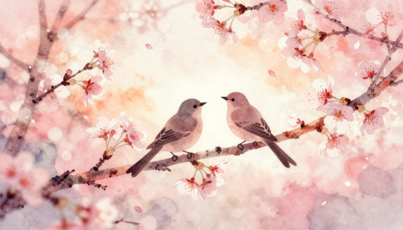 A delicate watercolor painting featuring two stylized silhou...