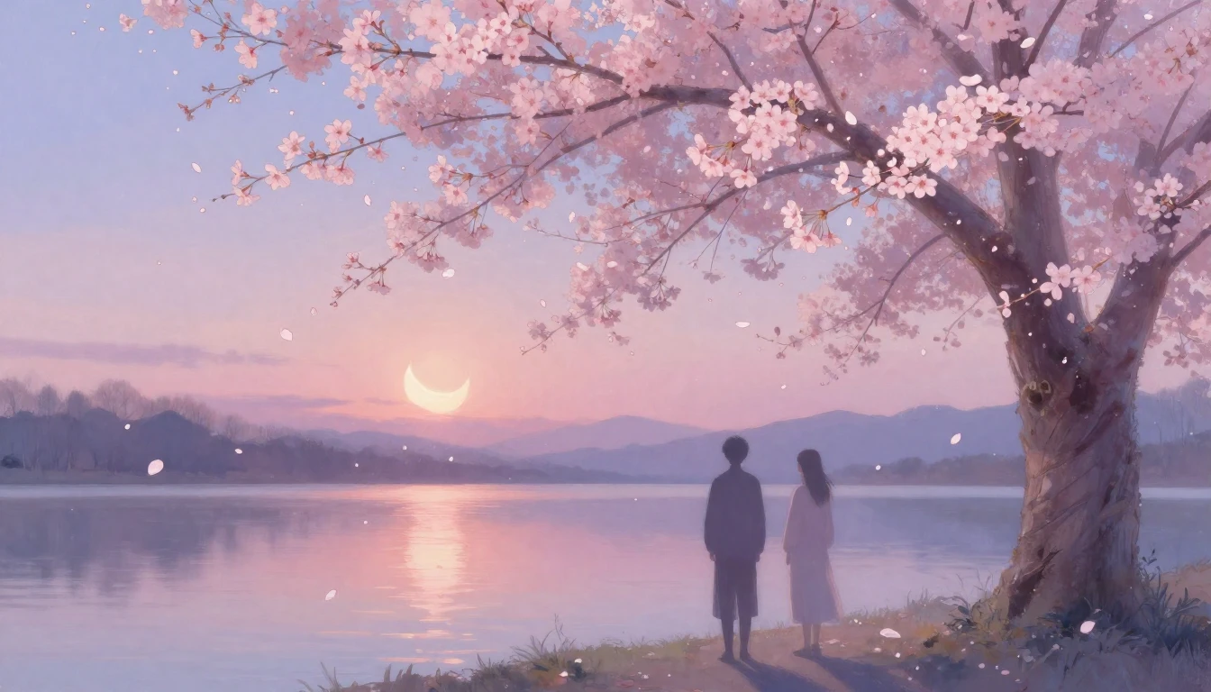 A dreamy and ethereal painting of two silhouettes standing u...