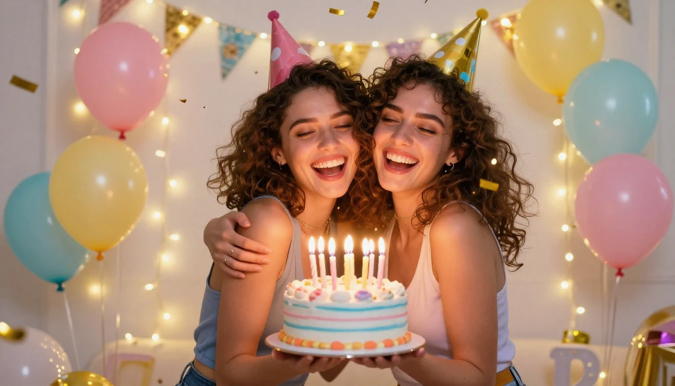 A vibrant and joyful scene of two young women celebrating a ...