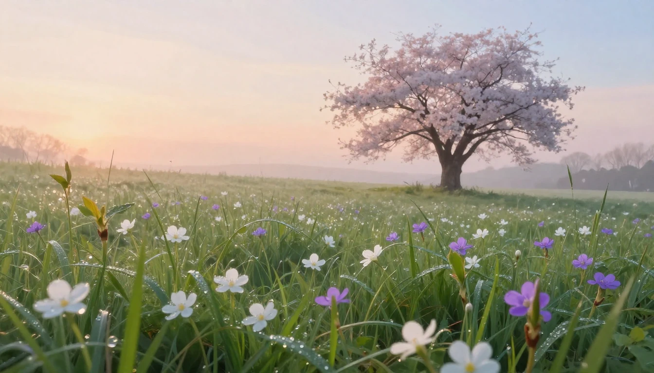 A lush, vibrant meadow at dawn during early spring. Tiny whi...