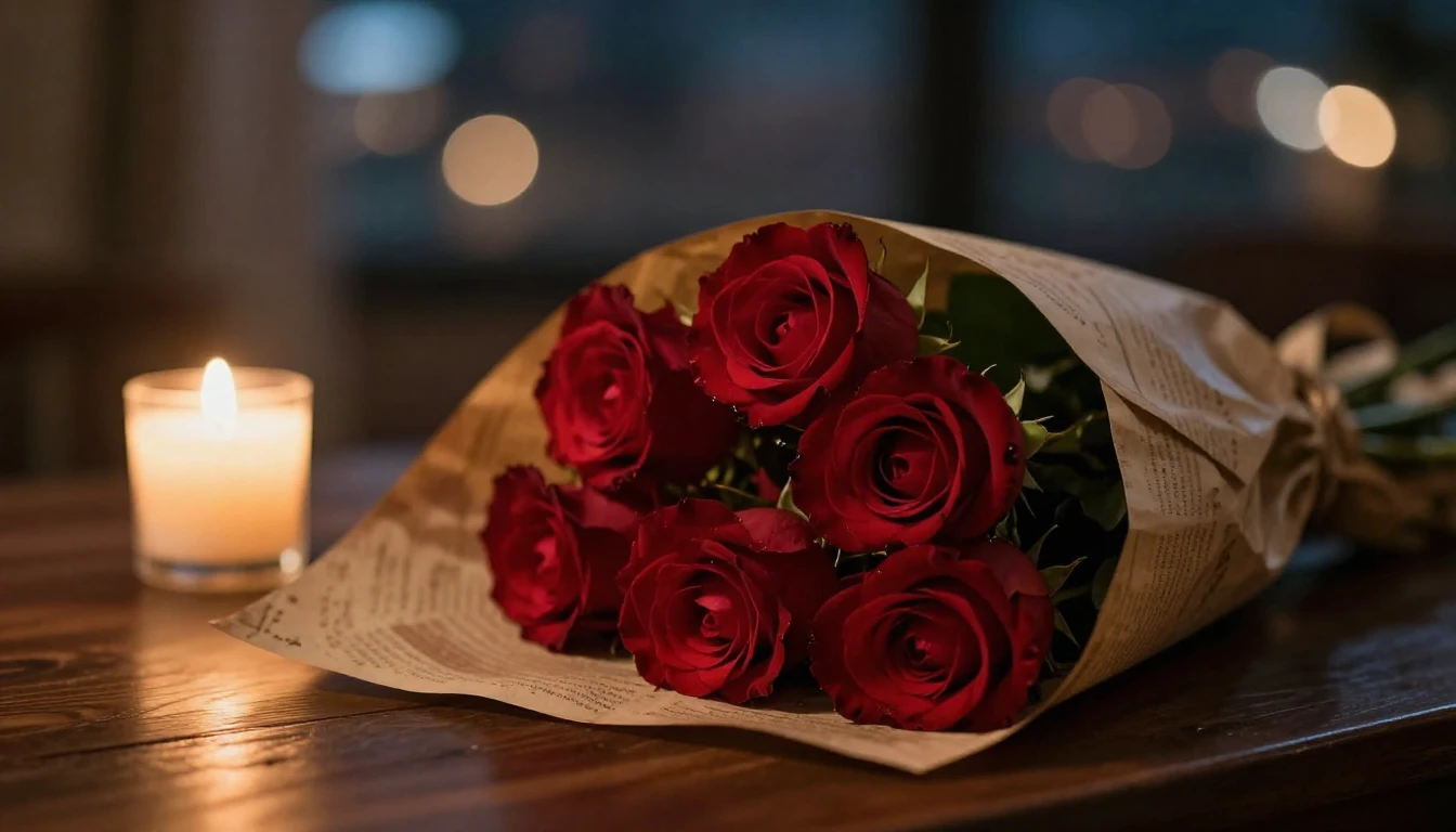 A romantic cinematic close-up of a bouquet of deep red roses...