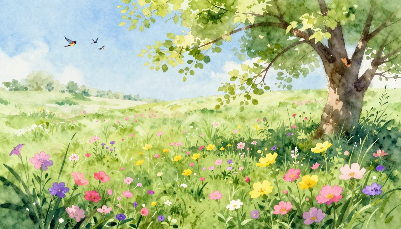 A vibrant watercolor painting of a lush green meadow filled ...