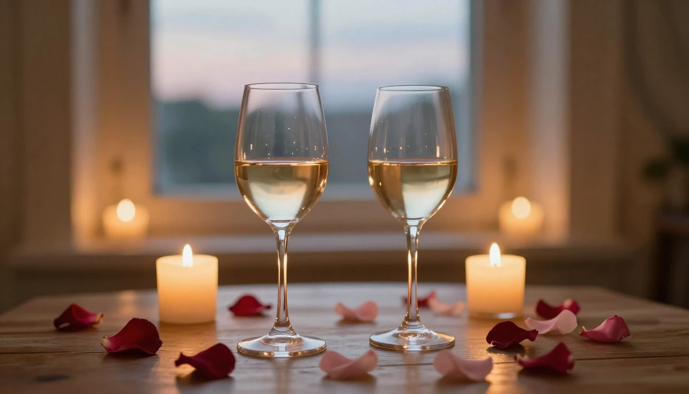 A serene and romantic scene featuring two elegant glasses of...