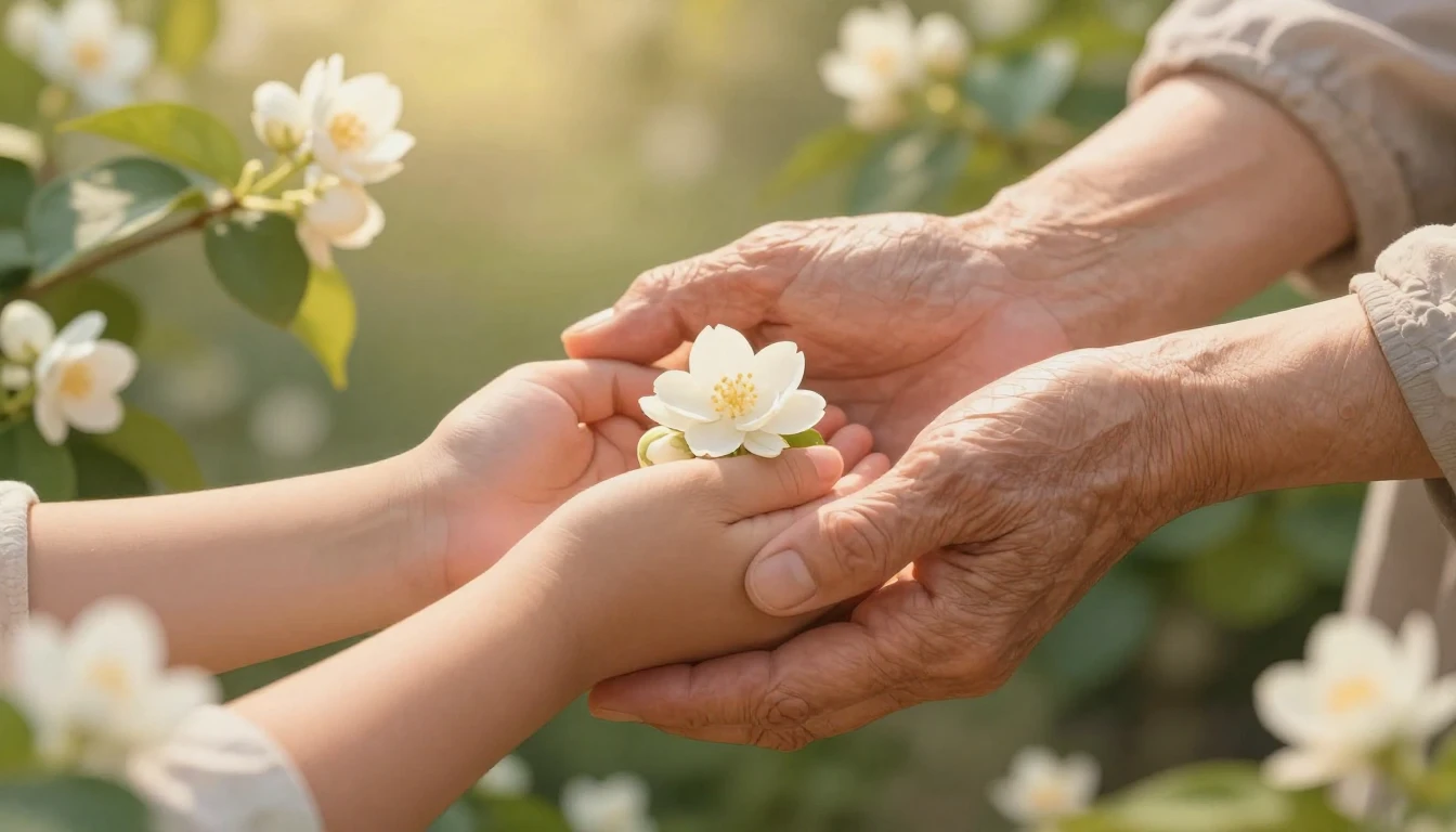 A heartwarming close-up illustration of an elderly mother's ...