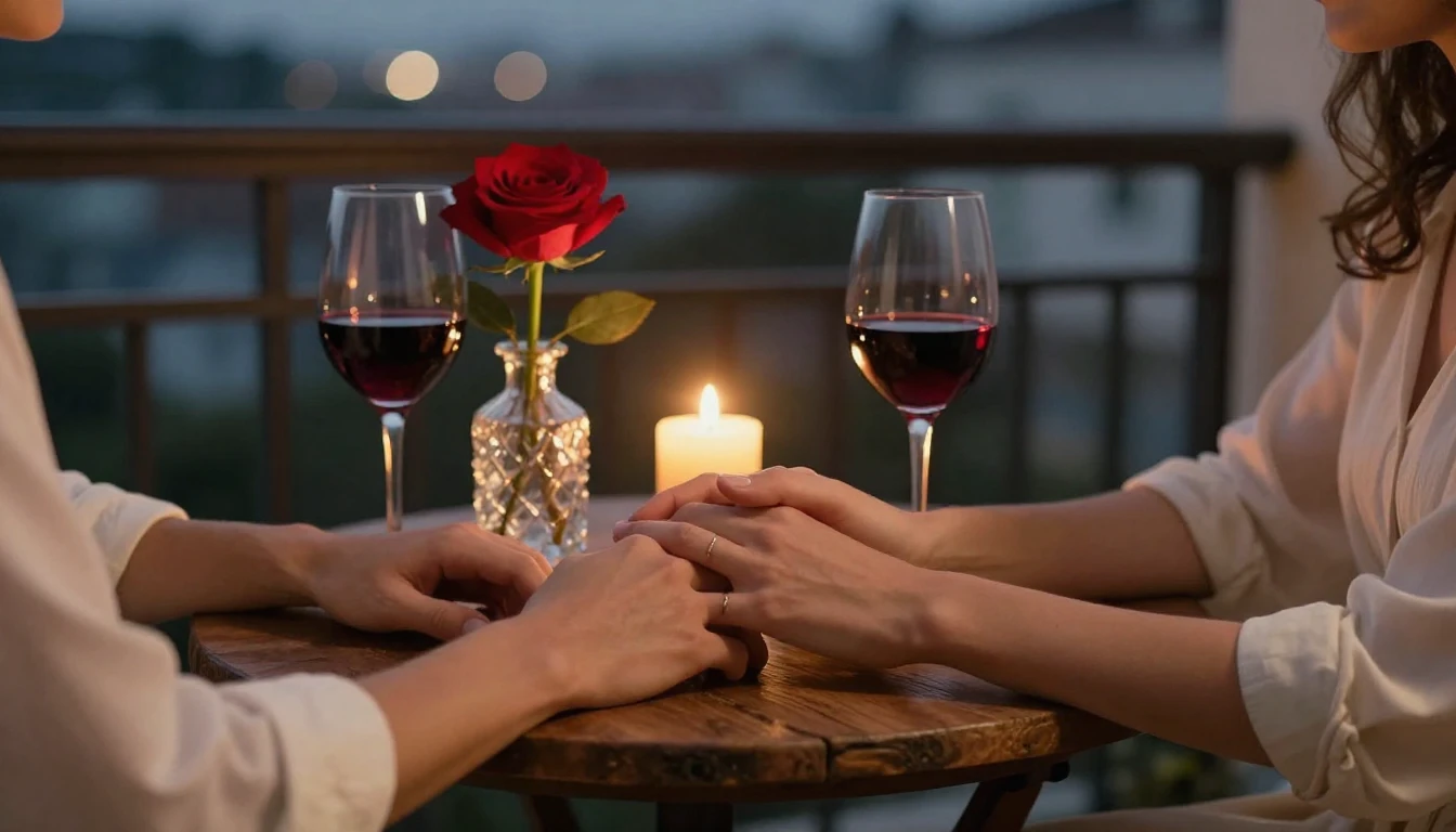 A romantic and intimate close-up scene of a couple holding h...