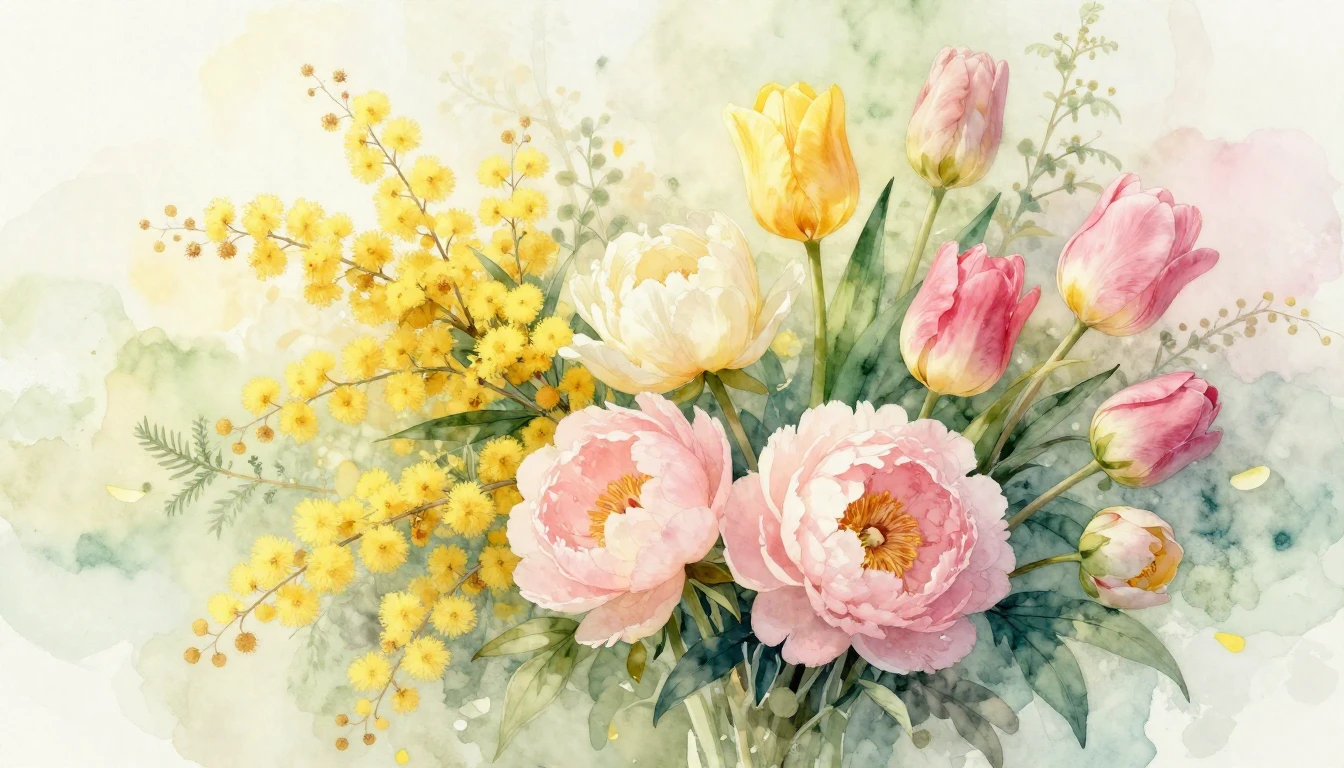 A delicate watercolor painting featuring a lush bouquet of s...