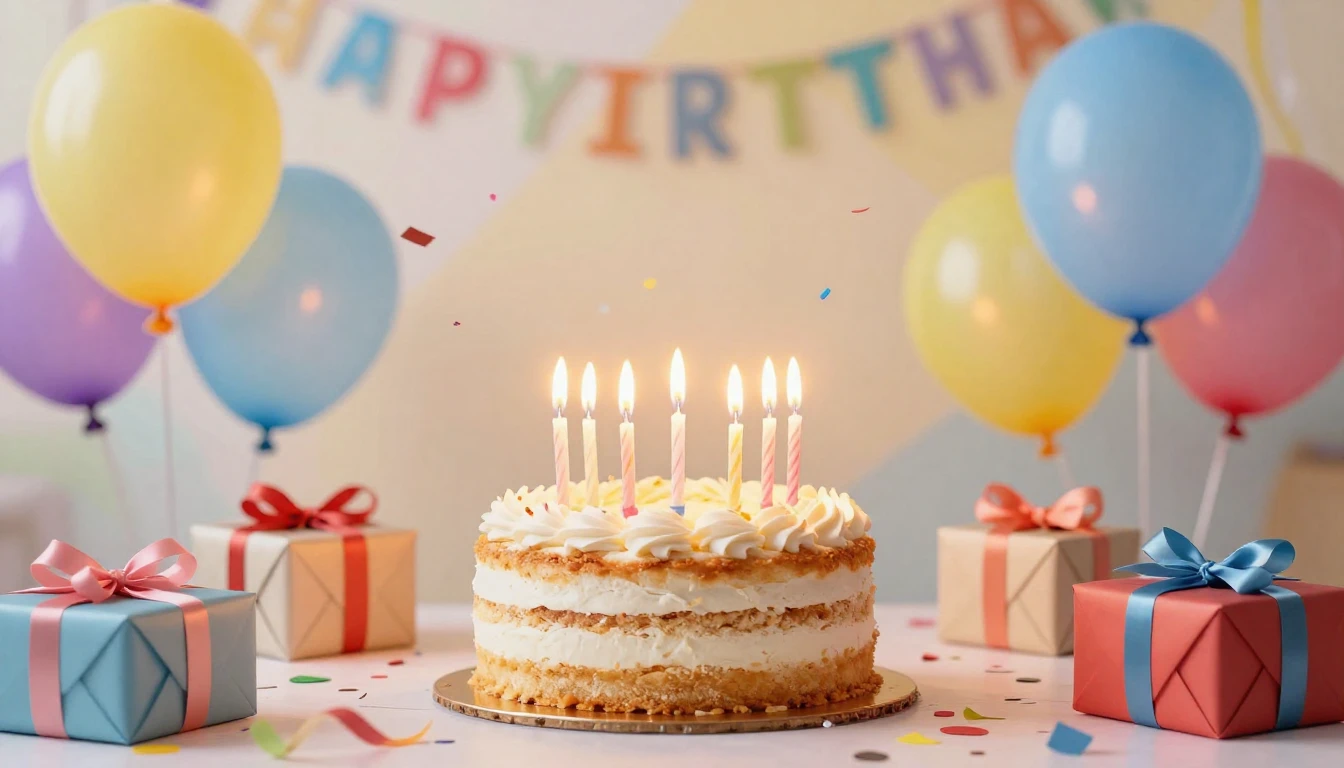A vibrant and festive birthday celebration scene featuring a...