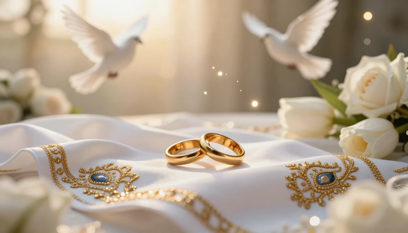 A romantic and festive wedding scene, golden hour lighting, ...