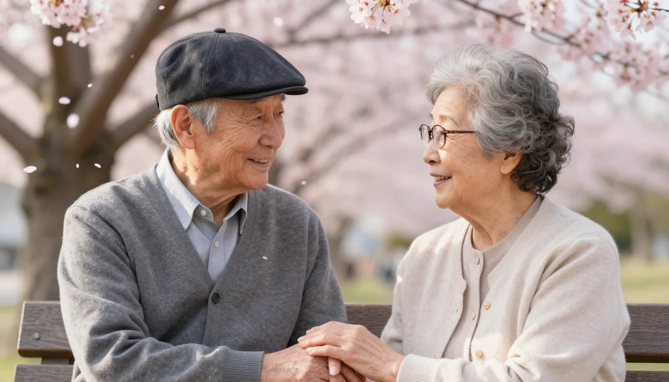 A heartwarming, close-up scene of an elderly Japanese couple...