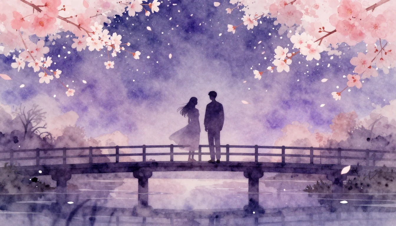 A dreamlike watercolor illustration of two silhouettes stand...