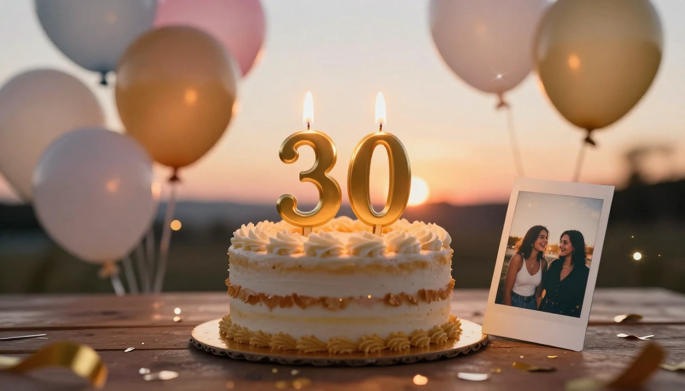 A warm and celebratory 30th birthday concept art. A beautifu...