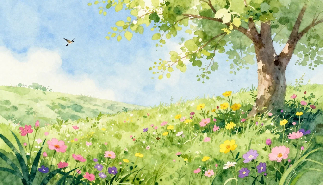 A vibrant watercolor painting of a lush green meadow filled ...