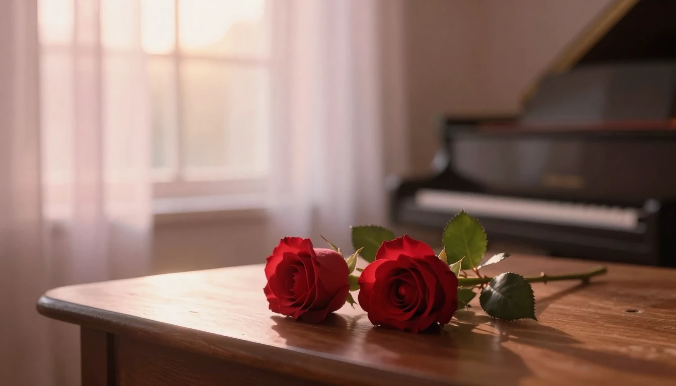 A dreamy and ethereal scene featuring two delicate red roses...