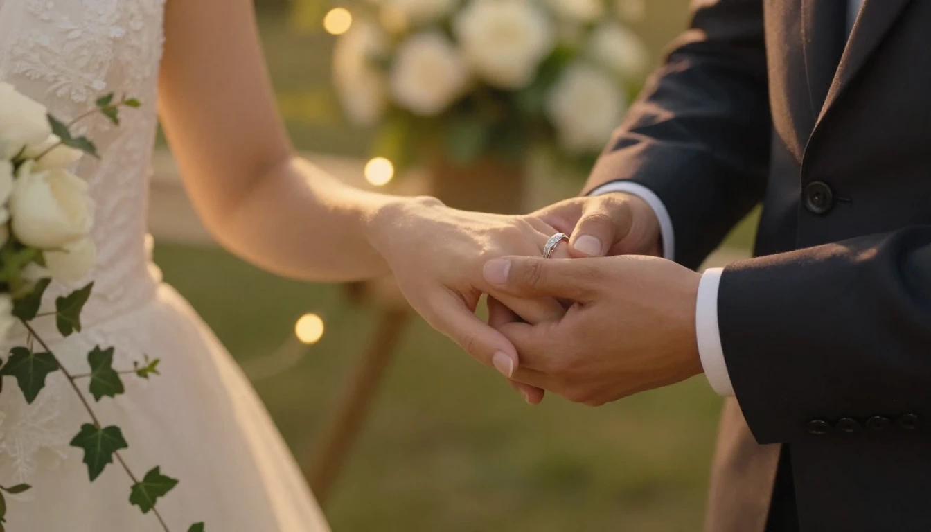 A romantic and elegant wedding scene showing a close-up of a...