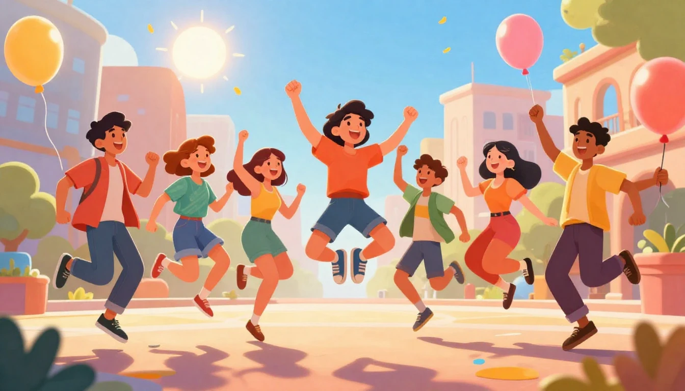 A vibrant and colorful digital artwork depicting a diverse g...