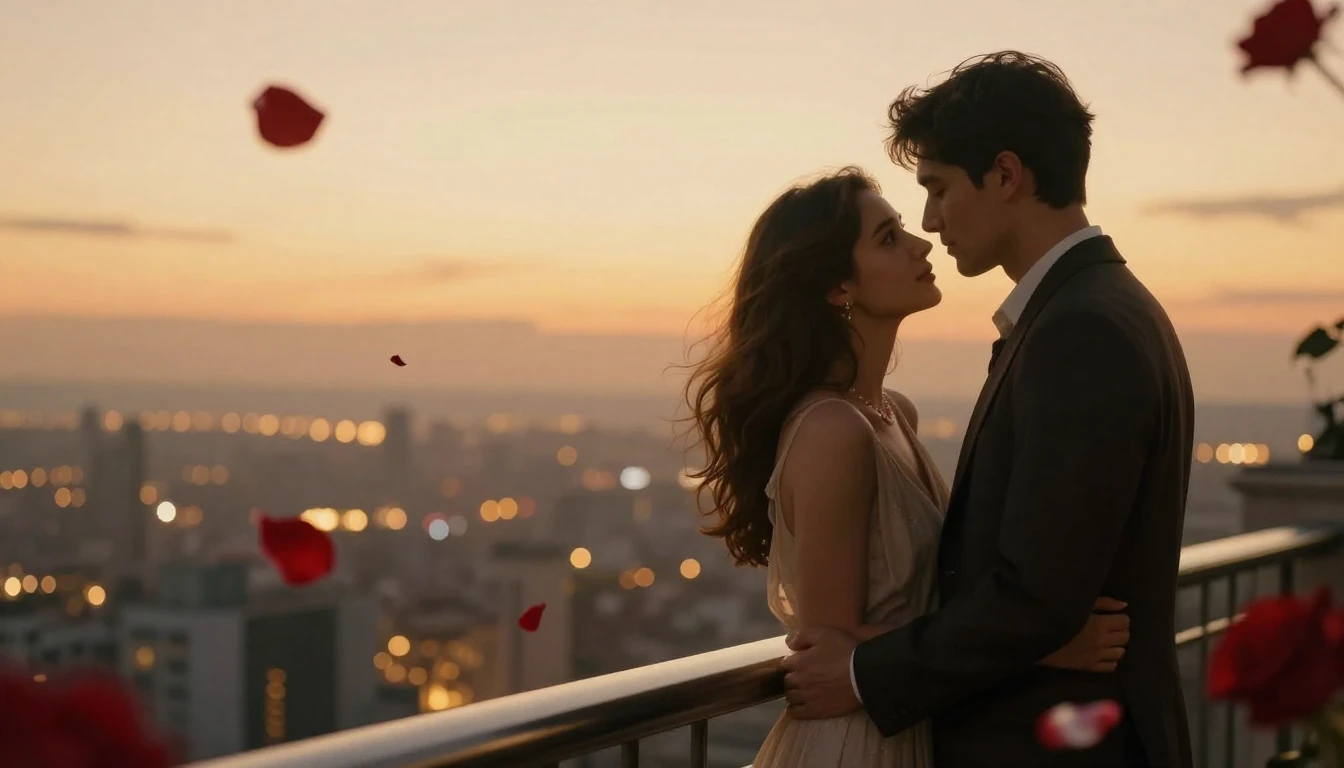 A romantic cinematic shot of a couple standing close togethe...