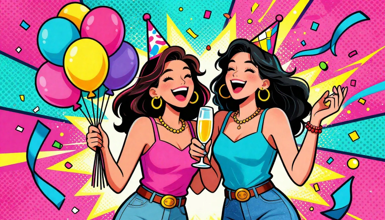 A vibrant and energetic illustration of two stylish young wo...