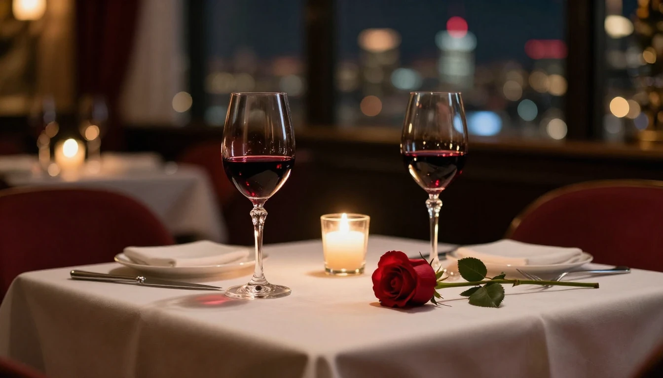A close-up shot of a beautifully set dinner table for two in...