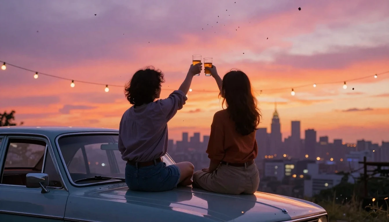 A heartwarming scene of two friends sitting on the hood of a...