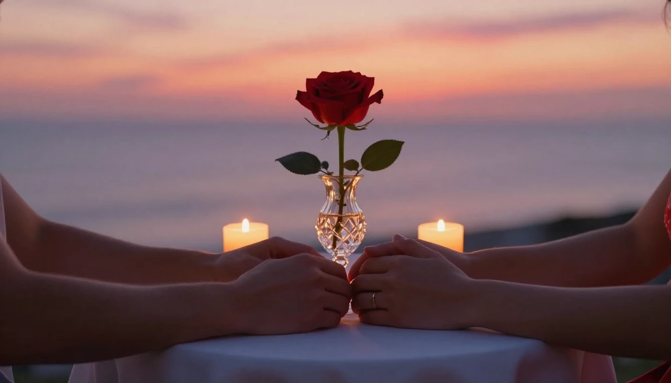 A romantic scene featuring a close-up of two hands holding e...