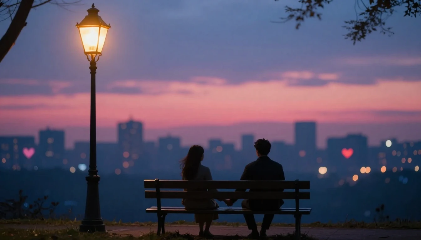 A romantic and dreamy scene depicting two silhouettes holdin...