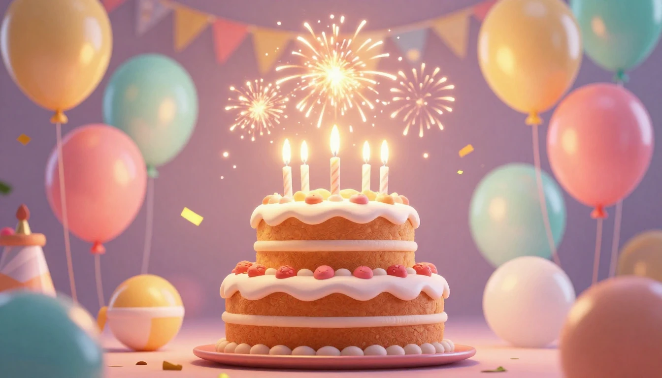 A vibrant and festive birthday celebration scene in a cute 3...