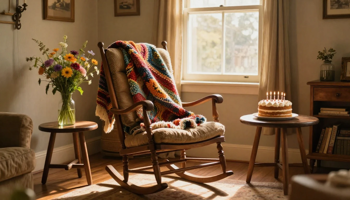 A warm and cozy rustic living room scene, bathed in soft gol...