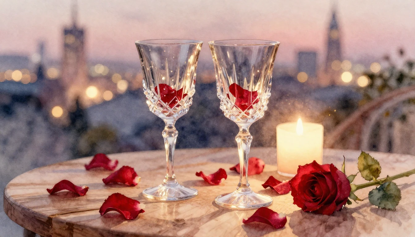 A romantic and festive scene depicted in soft watercolor. Tw...