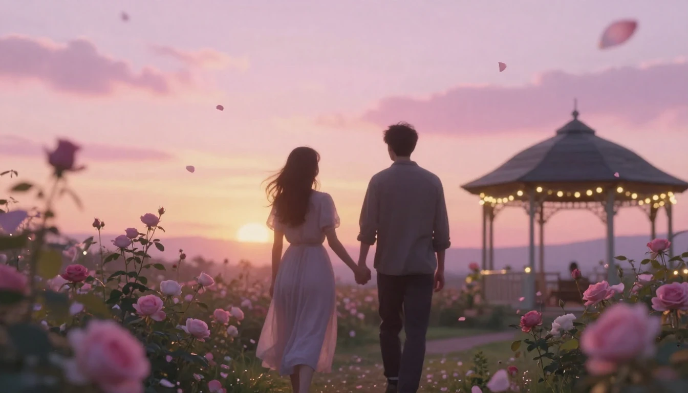 A dreamy and ethereal scene of two silhouettes walking hand-...