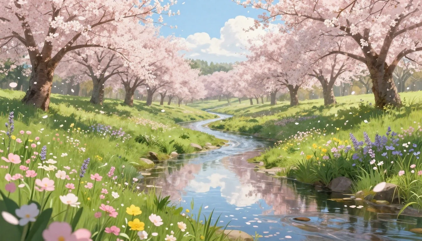 A serene landscape featuring a lush green meadow with bloomi...