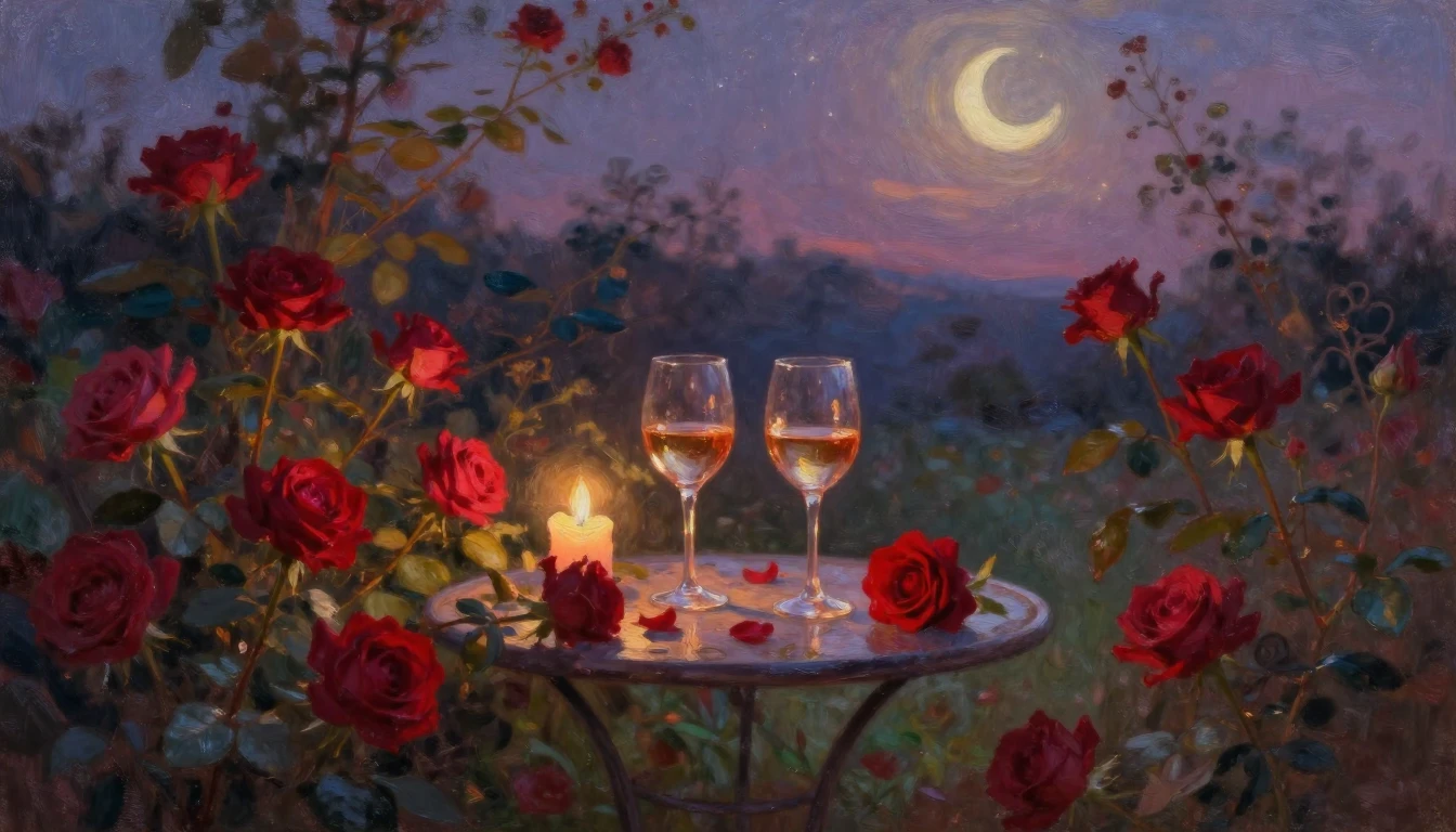 A lush and romantic oil painting of a serene garden at twili...