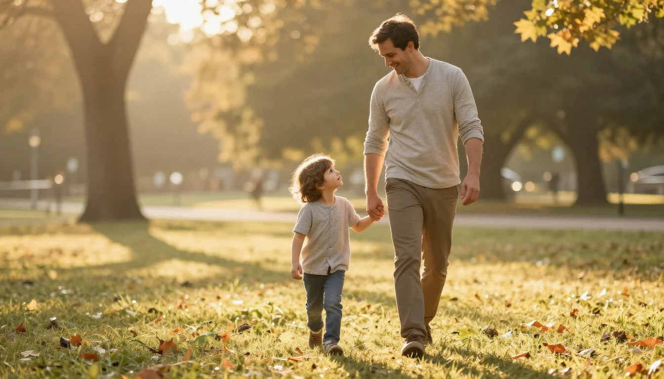 A heartwarming scene of a father and a young child walking h...