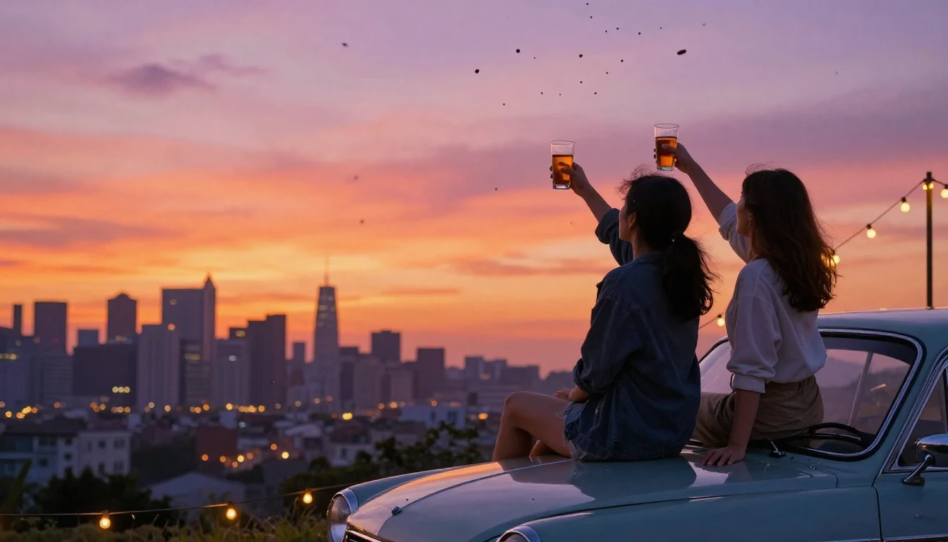 A heartwarming scene of two friends sitting on the hood of a...