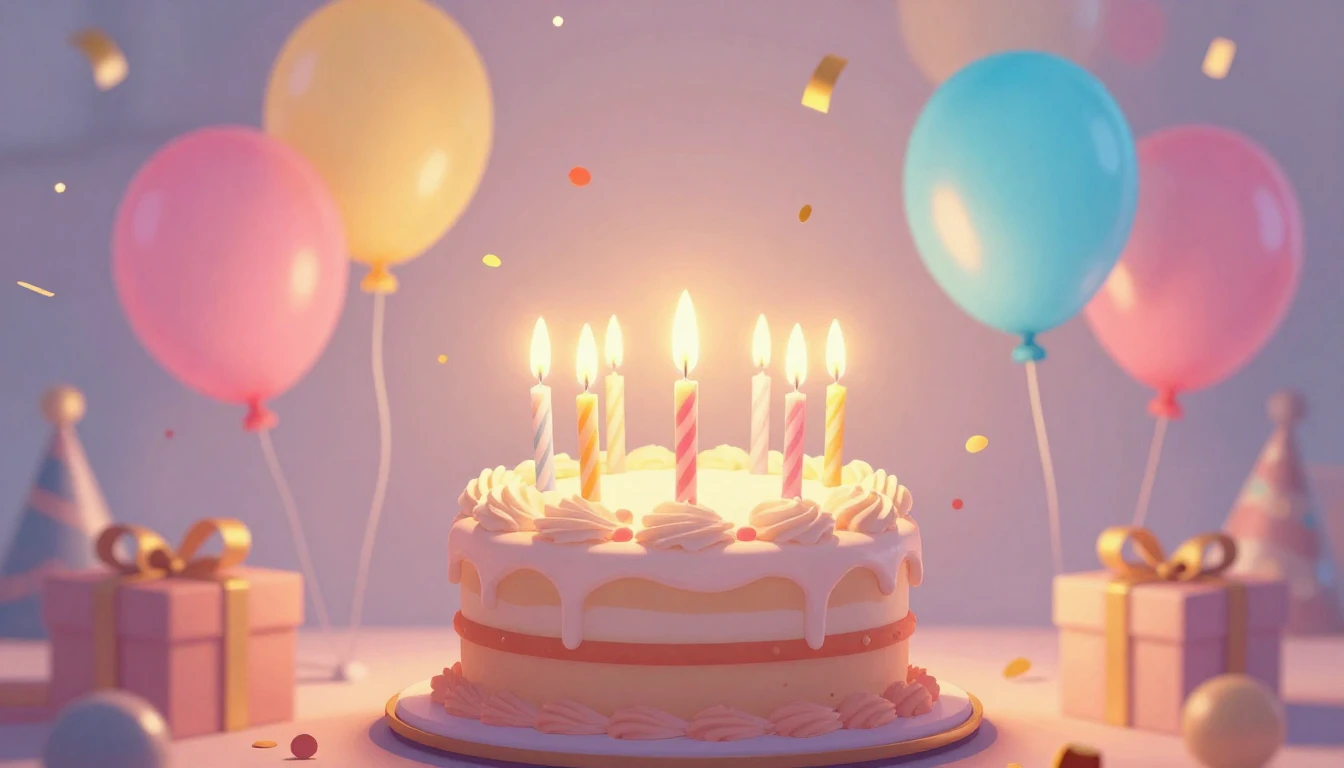 A vibrant and cheerful birthday illustration featuring a bea...