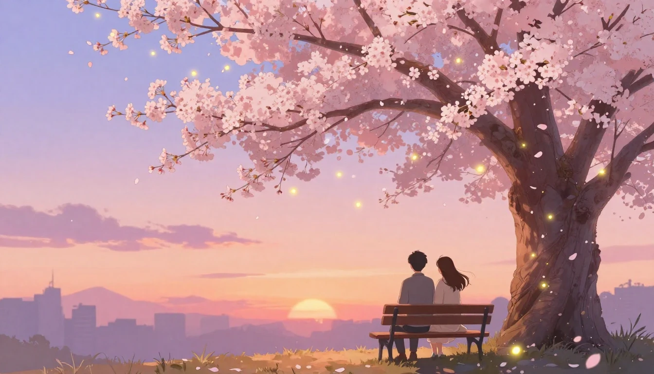 A romantic and dreamy illustration of a couple sitting on a ...