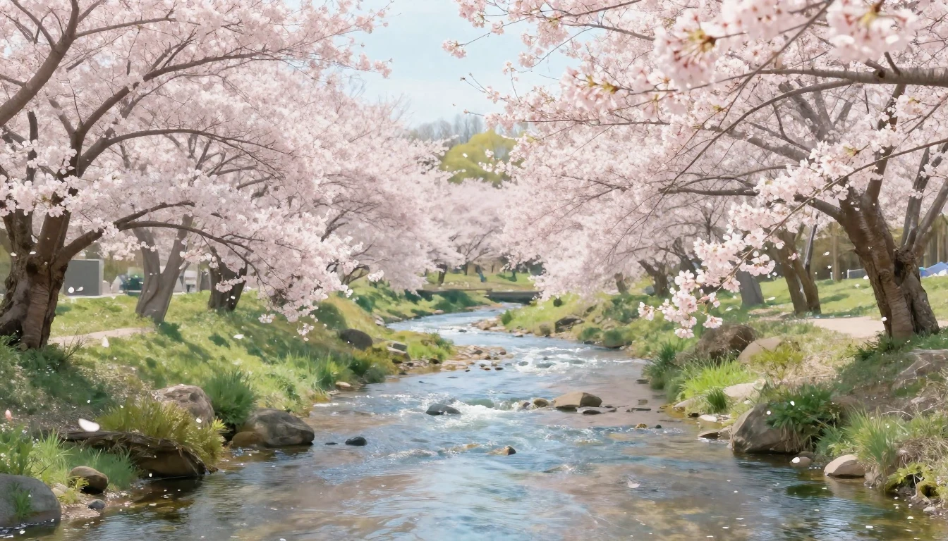 A serene spring landscape featuring a blooming cherry blosso...
