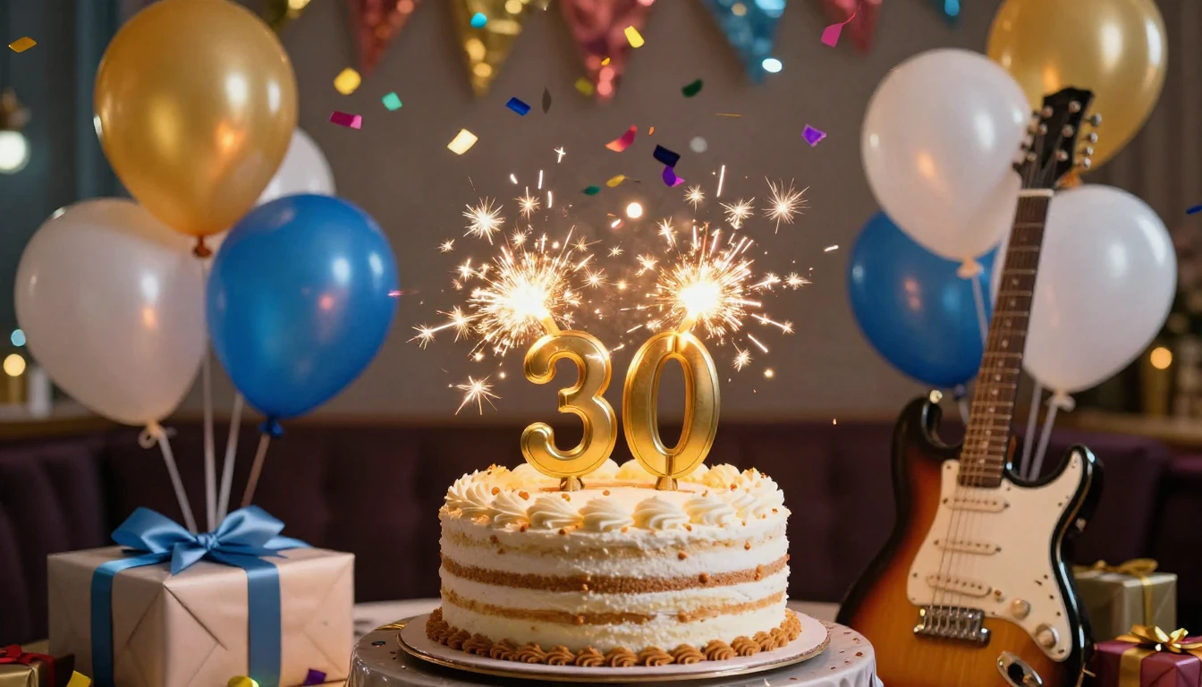 A vibrant and colorful birthday party scene celebrating a 30...