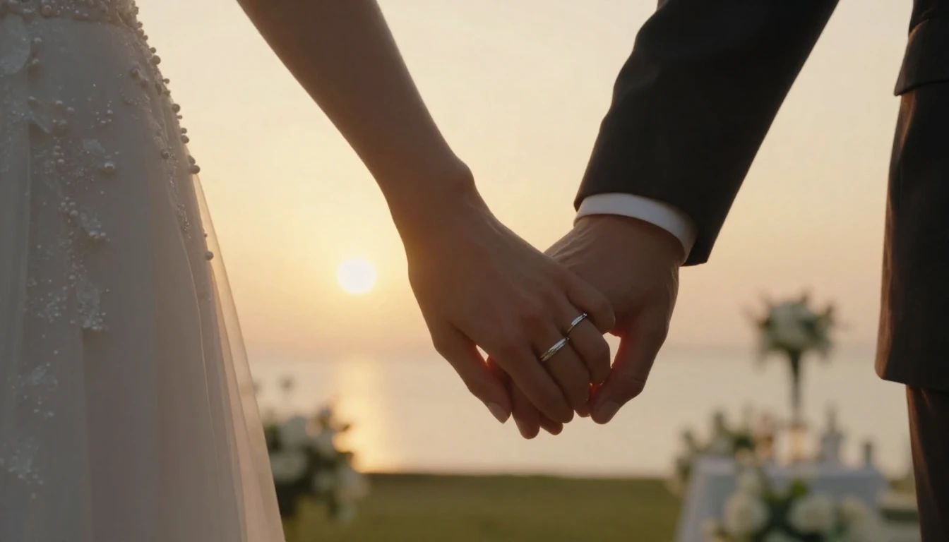 A cinematic close-up shot of a bride and groom holding hands...