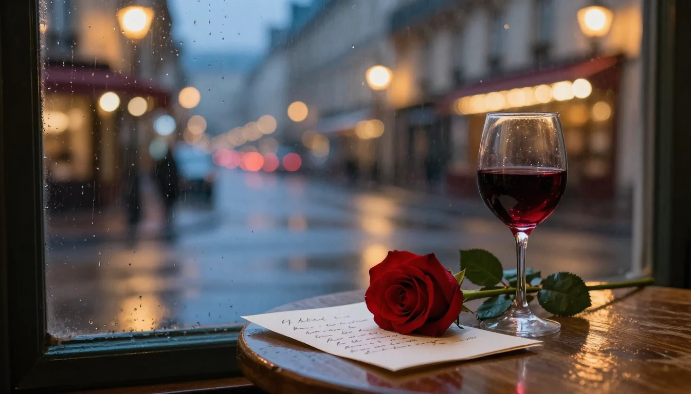A romantic scene in a rainy Parisian street at night, viewed...