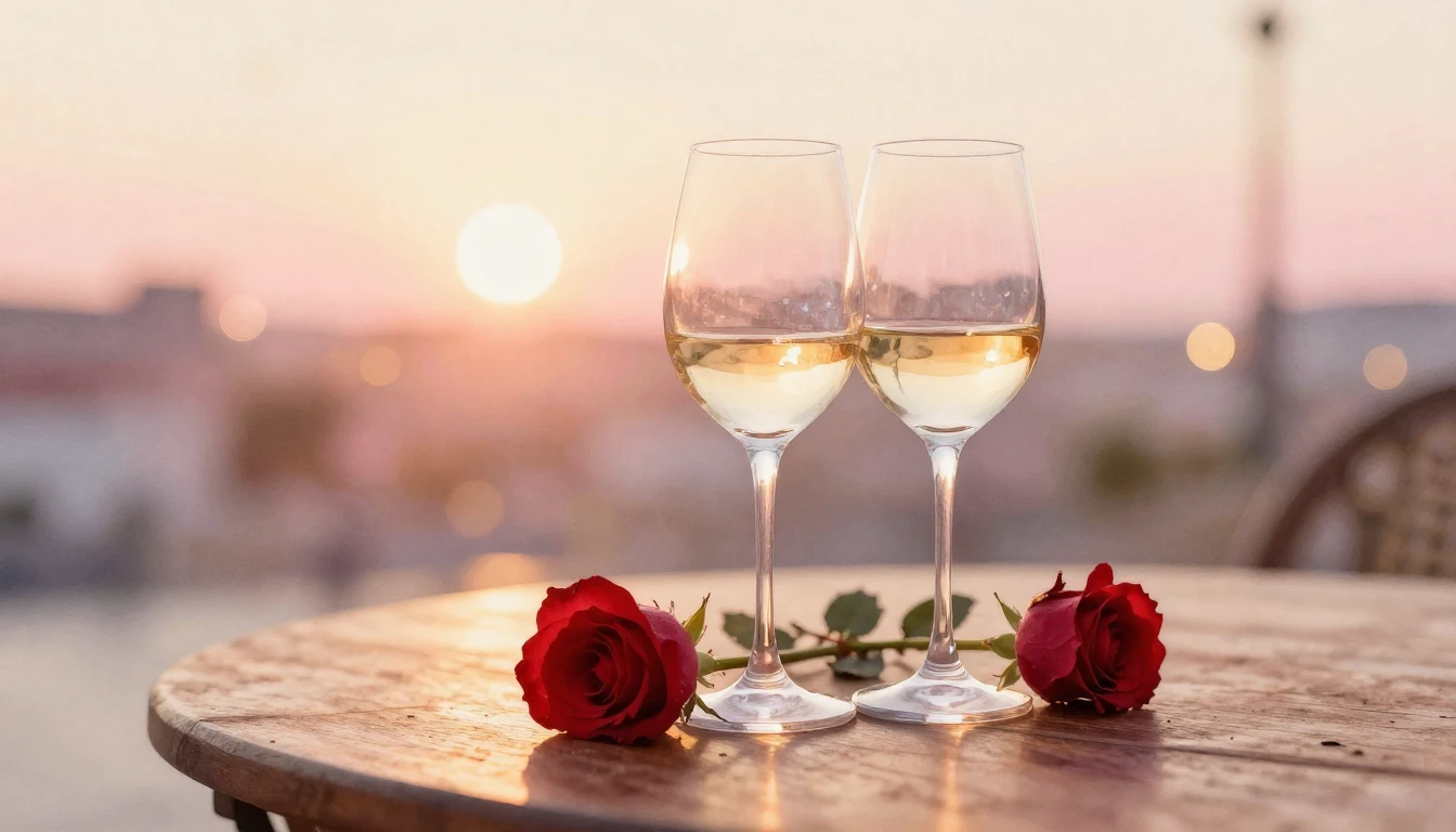 A delicate watercolor painting of two elegant wine glasses s...