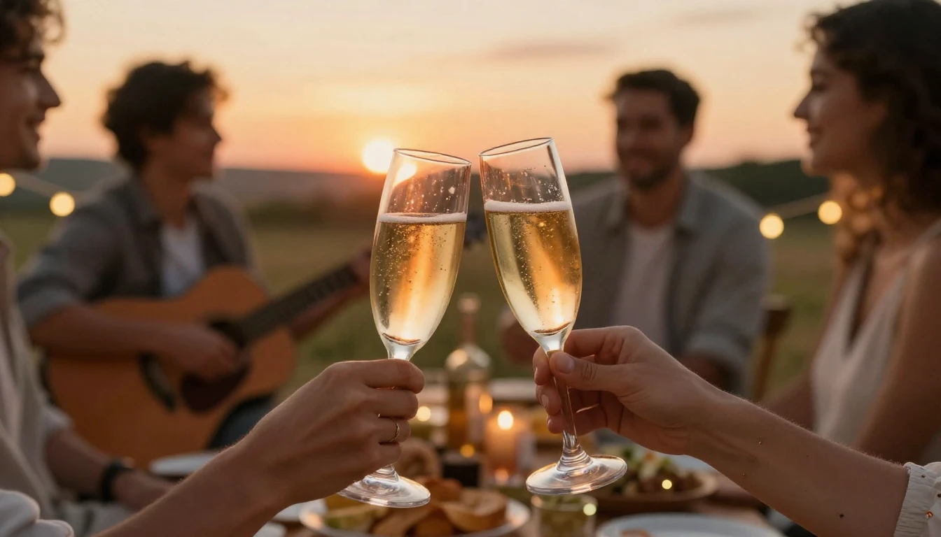 A warm and nostalgic scene of celebration, two glasses of ch...