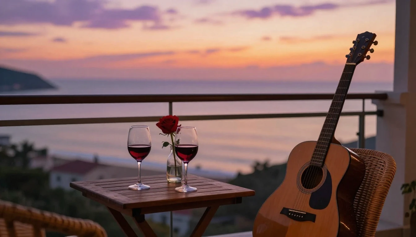 A romantic and cozy scene on a balcony overlooking the ocean...
