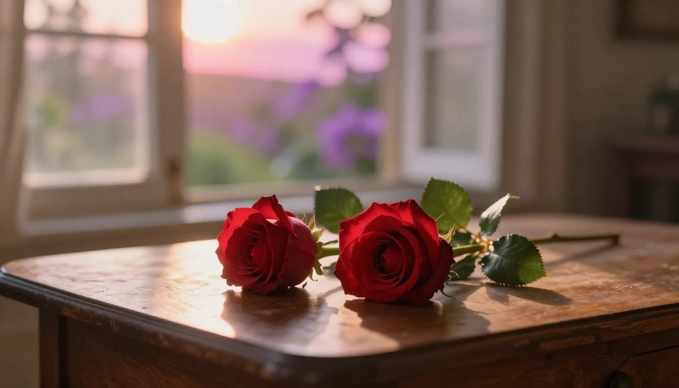 A dreamy and ethereal scene featuring two delicate red roses...