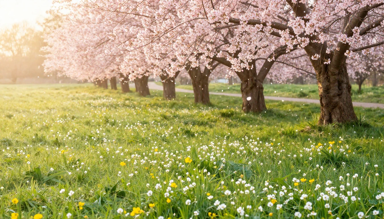 A vast, sun-drenched meadow transitioning from the last trac...