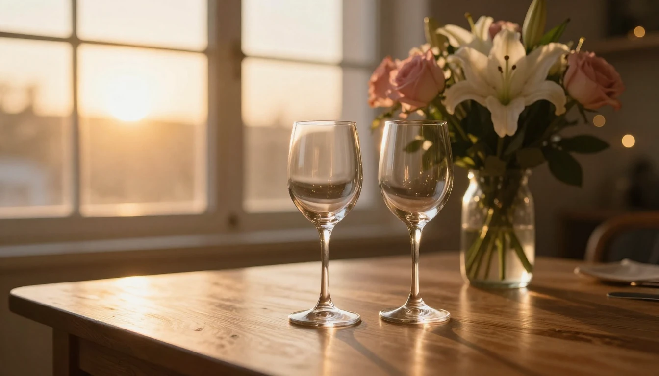 A beautiful, soft-focus scene of two elegant glasses sitting...